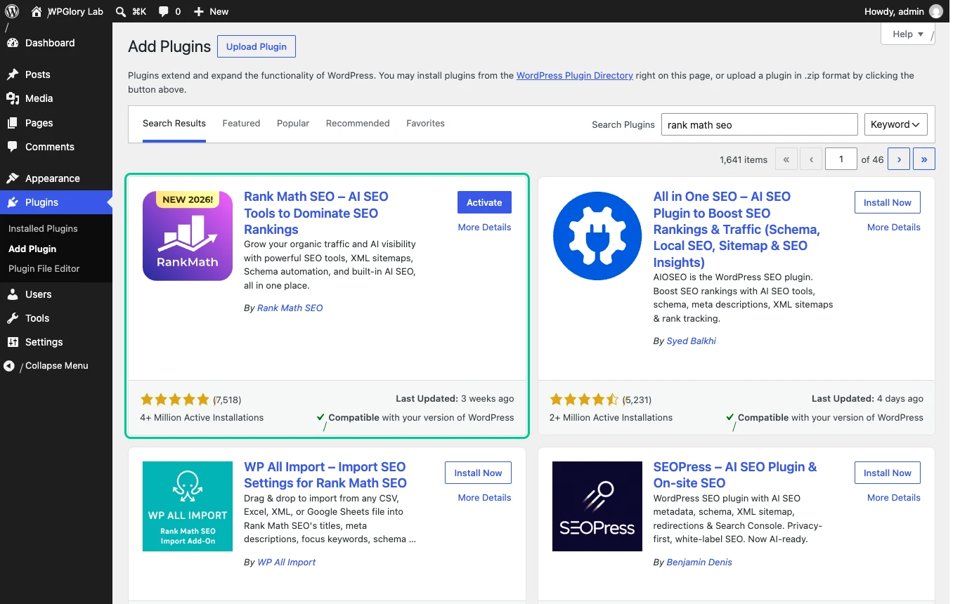 Rank Math setup step 1: searching for Rank Math SEO in Plugins, Add New on WordPress 7.1