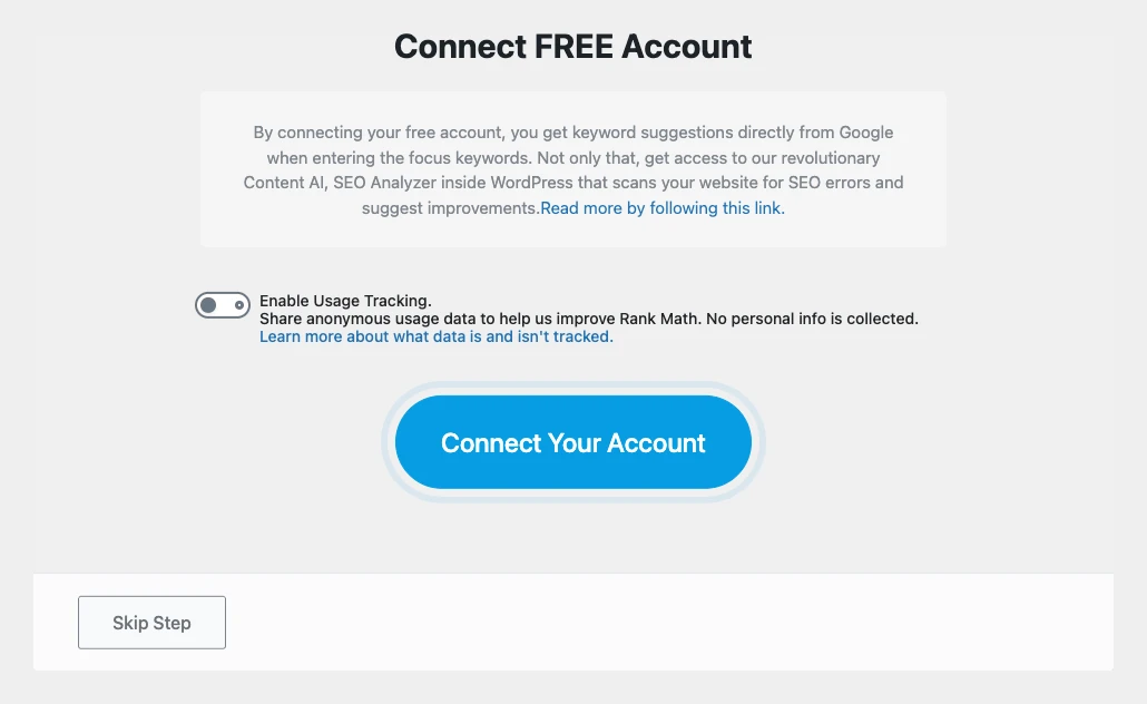 Rank Math setup: Connect FREE Account screen with the Skip Step option