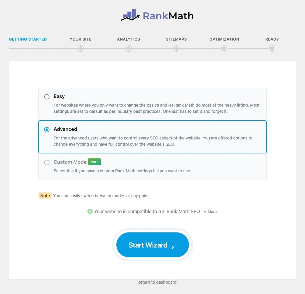Rank Math setup wizard Getting Started screen with Easy, Advanced and Custom modes