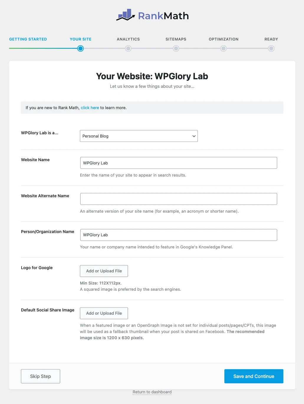 Rank Math setup wizard Your Site step with site type, name and logo for Google