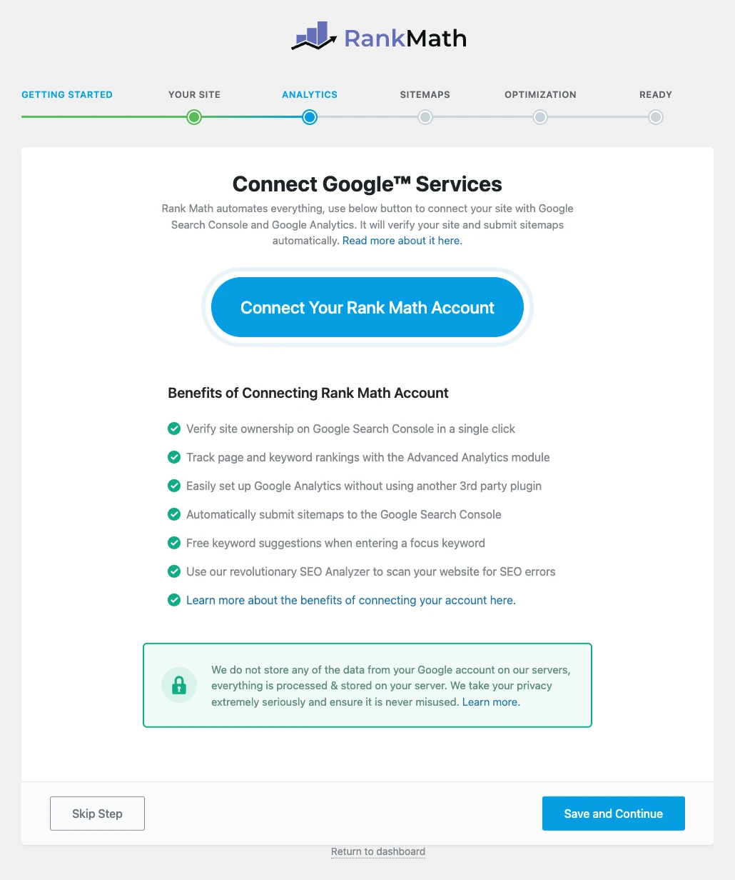 Rank Math setup wizard Analytics step to connect Google Search Console and Analytics