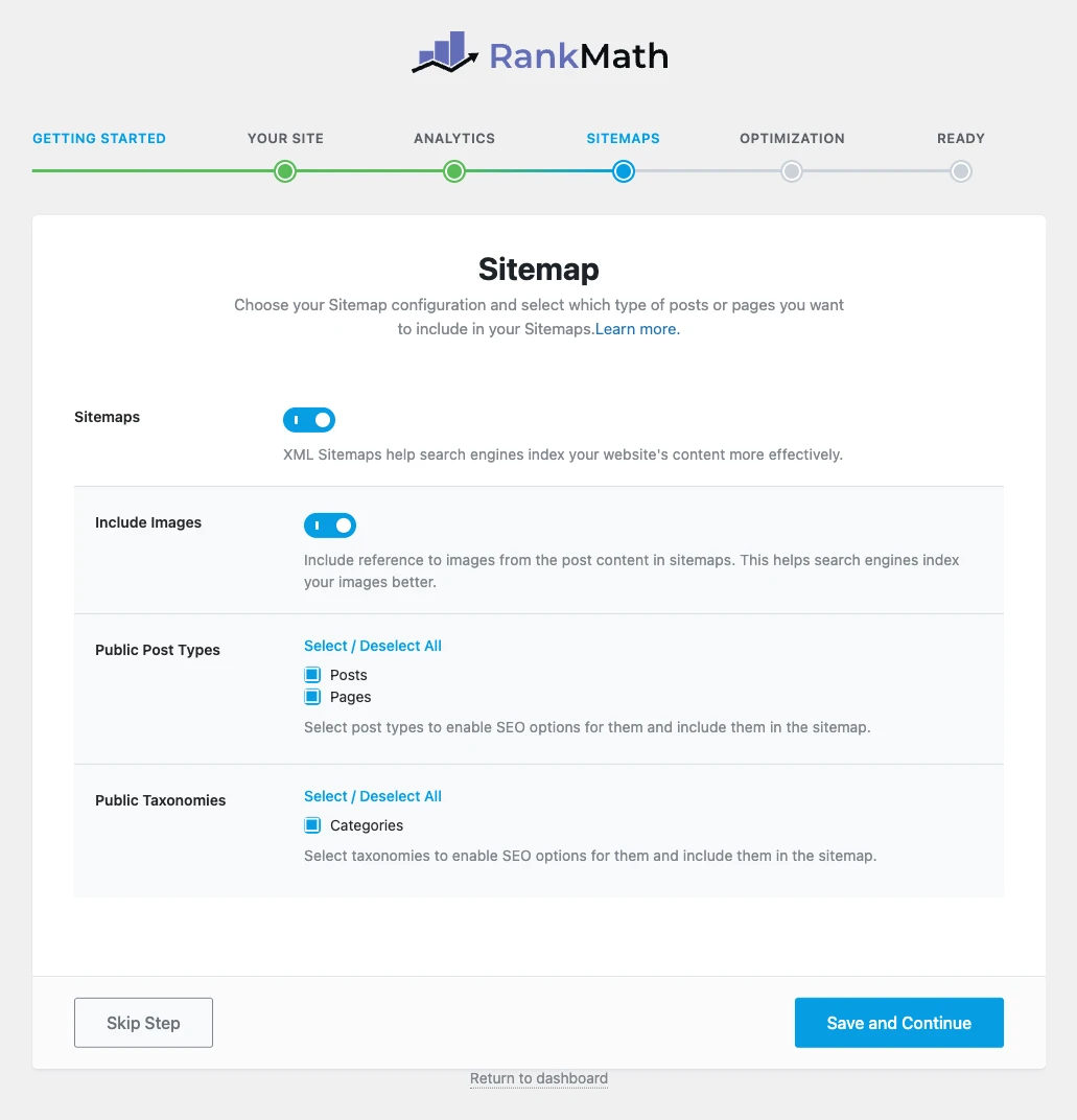 Rank Math setup wizard Sitemap step with post types and taxonomies