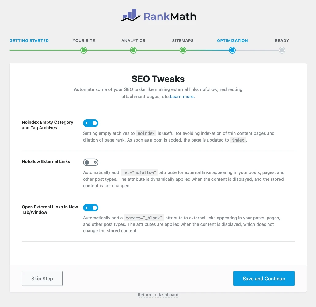 Rank Math setup wizard SEO Tweaks step: noindex empty archives and external links