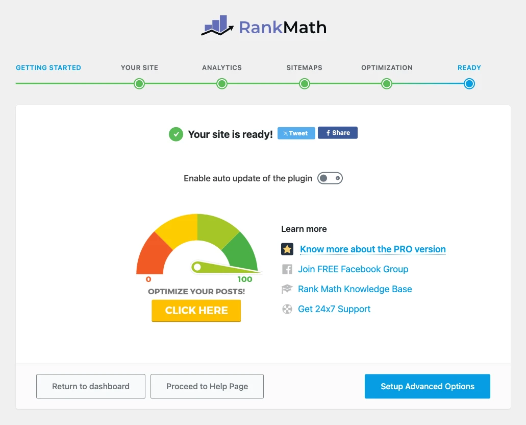 Rank Math setup complete: Your site is ready screen with Setup Advanced Options