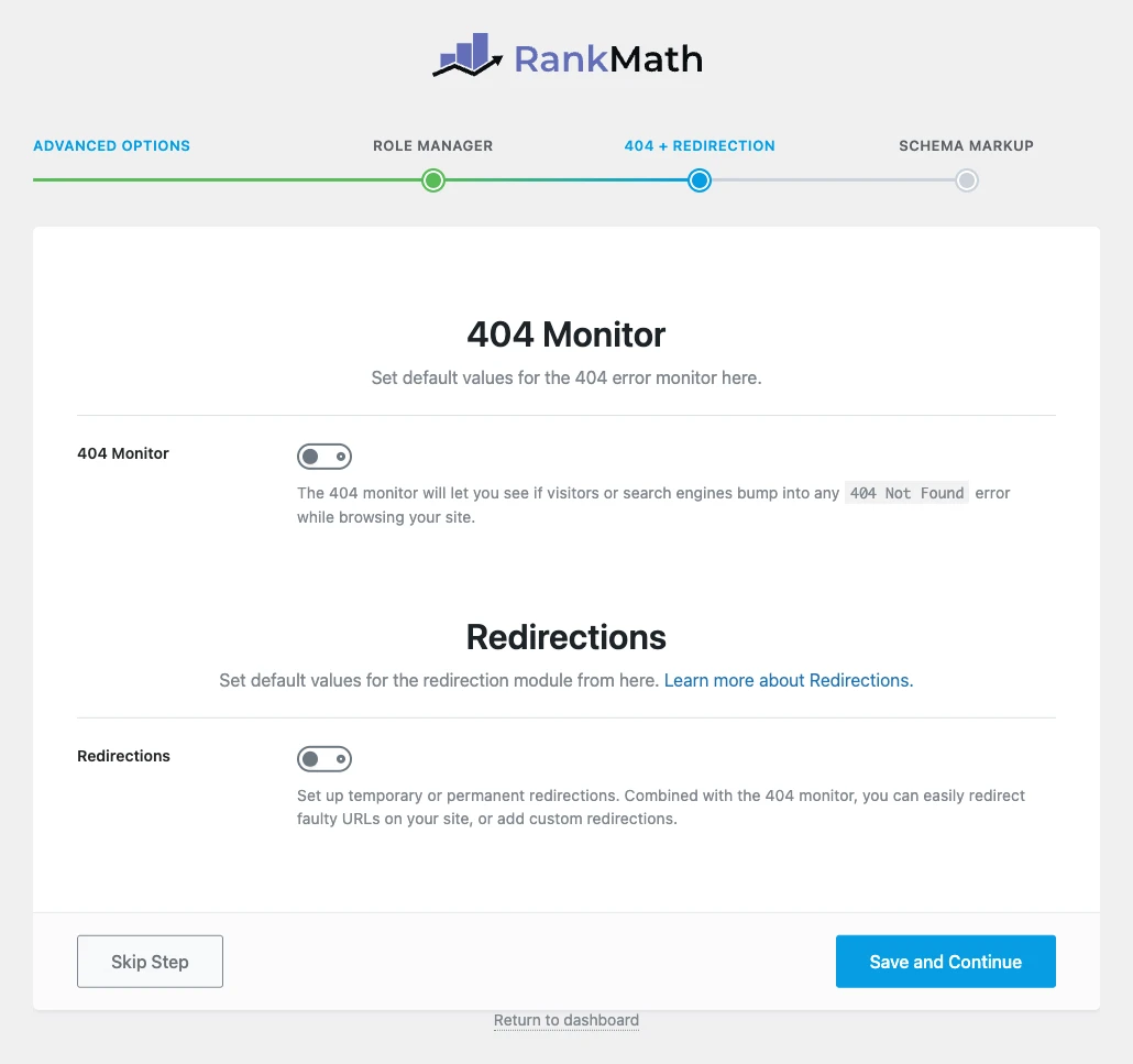 Rank Math advanced setup: 404 Monitor and Redirections step