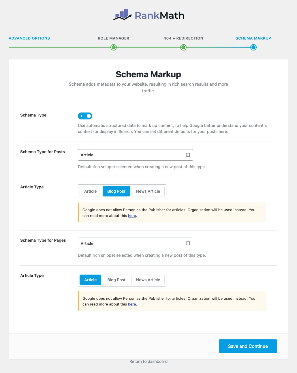 Rank Math advanced setup: default Schema Markup for posts and pages