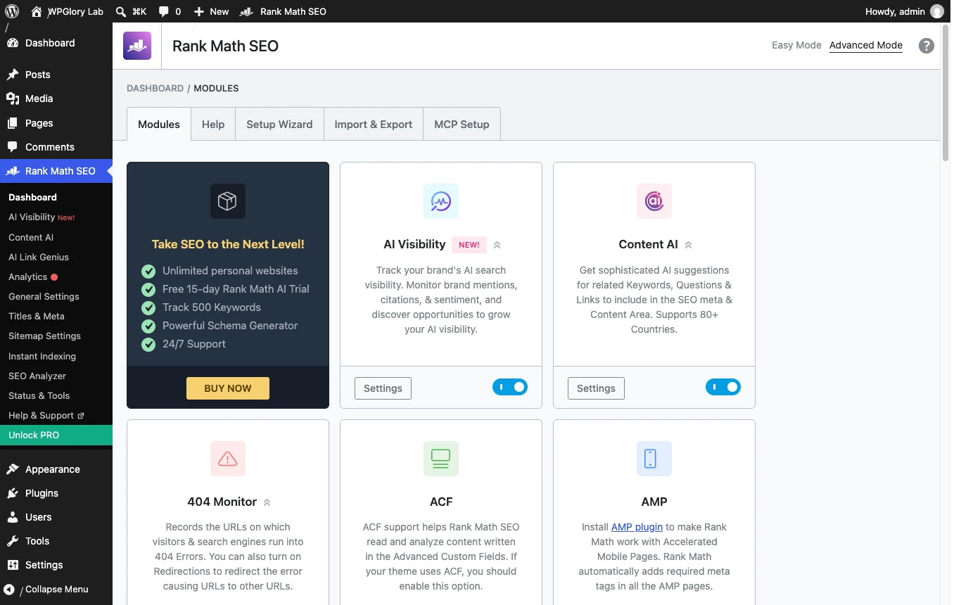 Rank Math dashboard modules with AI Visibility and Content AI in the free plugin