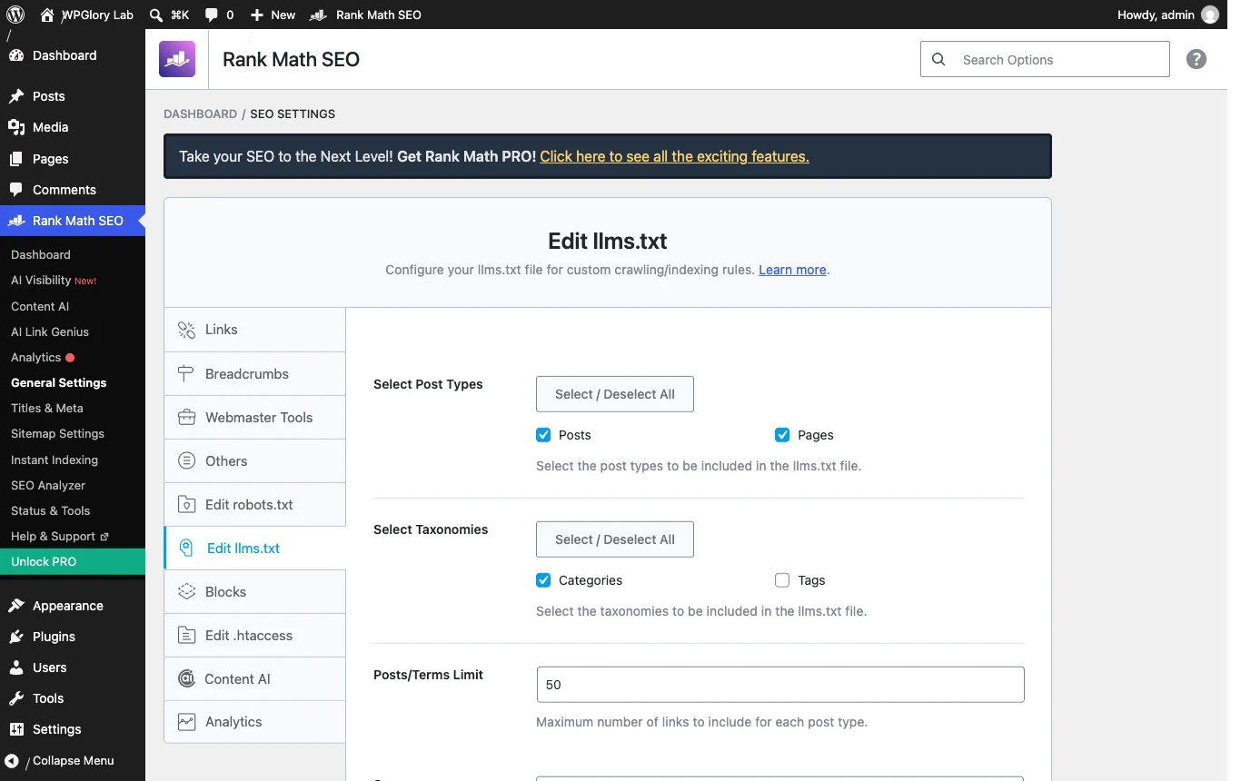 Rank Math llms.txt settings: post types, taxonomies and posts limit