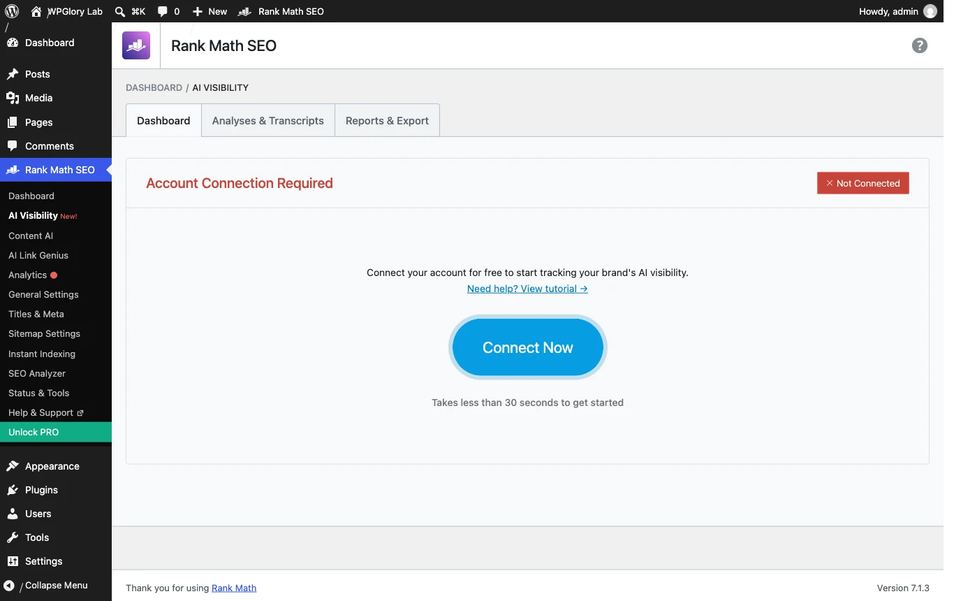 Rank Math AI Visibility dashboard before connecting an account