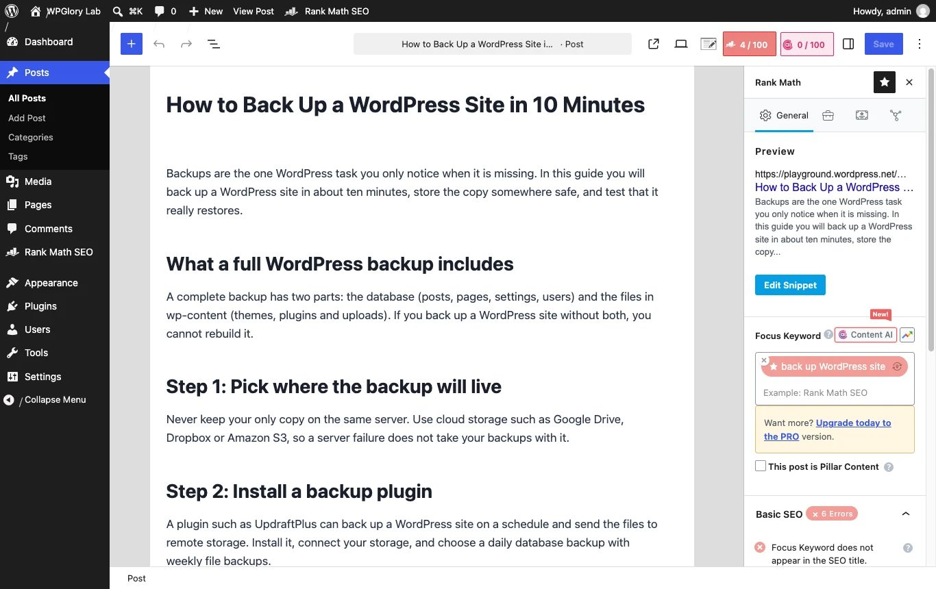 Rank Math SEO score 4/100 in the block editor before optimization