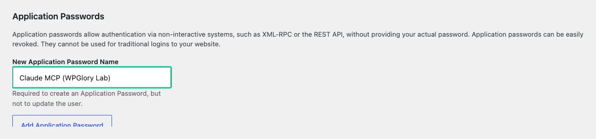 WordPress Application Passwords section used to connect Rank Math MCP to an AI assistant
