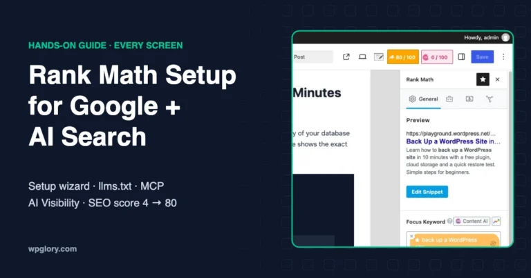 Rank Math setup guide for Google and AI search with the SEO score at 80/100